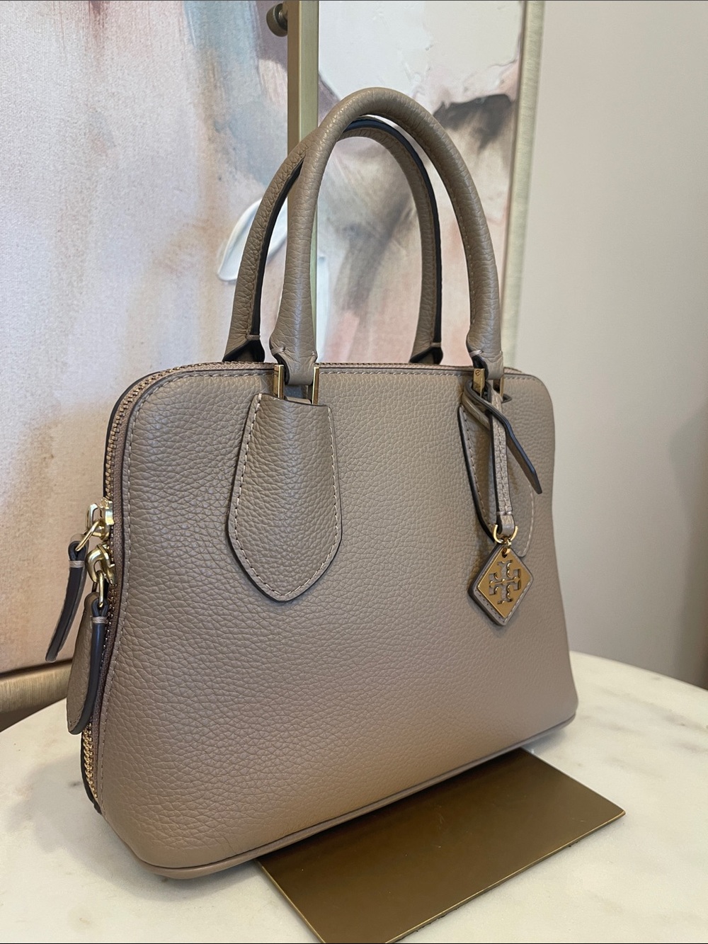Tory Burch Mini Swing Pebbled Leather Satchel in Natural - Picture 3 of 9